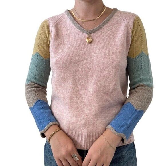 Vintage Color Block Pastel Lambswool Striped V Neck Soft Preppy Sweater Sz M - Picture 1 of 8
